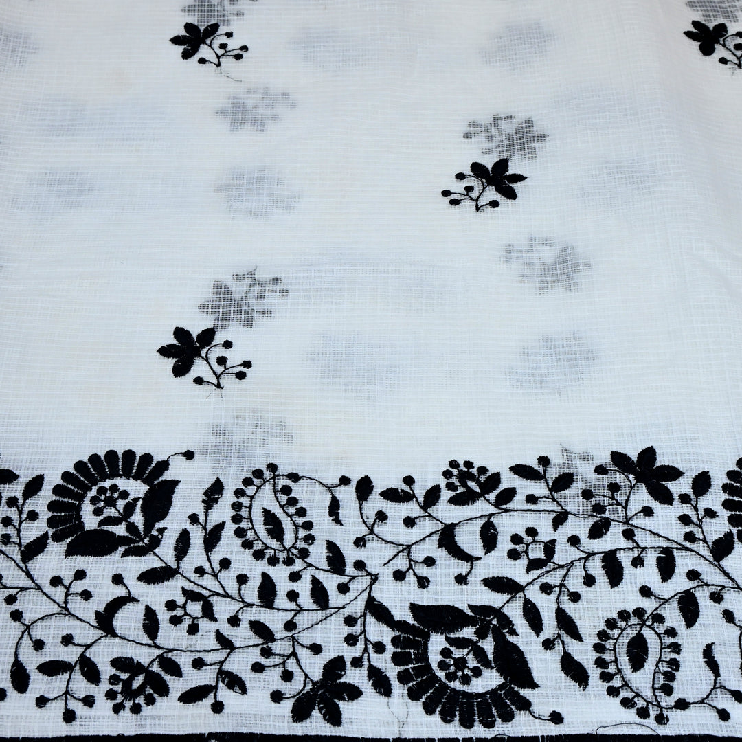 off-white with black Color Cotton Kota Thread Embroidery Fabric