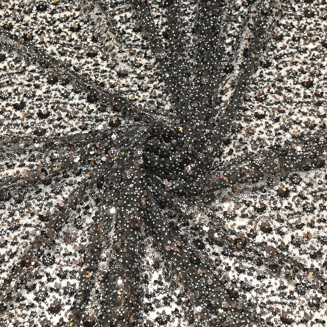 Gunmetal Grey Color Imported Heavy Beaded & 3D Sequin Embroidery Net Fabric- ED1533-2