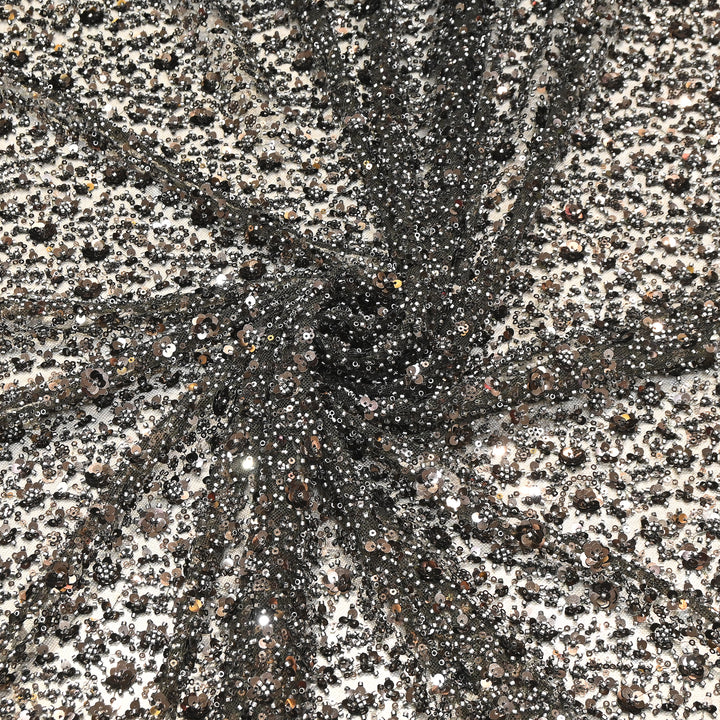 Gunmetal Grey Color Imported Heavy Beaded & 3D Sequin Embroidery Net Fabric- ED1533-2