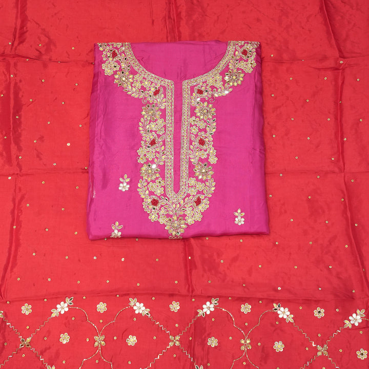 Deep Cerise Color Upada Silk Dabka & Kundan Hand Work Suits Set