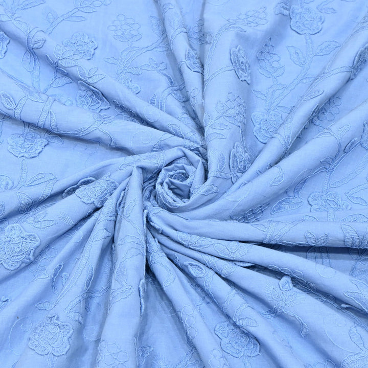 Sky Blue Color Pure Cotton Floral Thread Embroidery Fabric