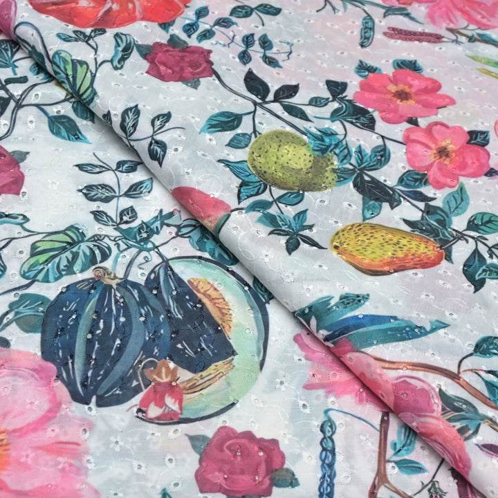 Floral Digital Print Cotton Chikan Embroidery Fabrics