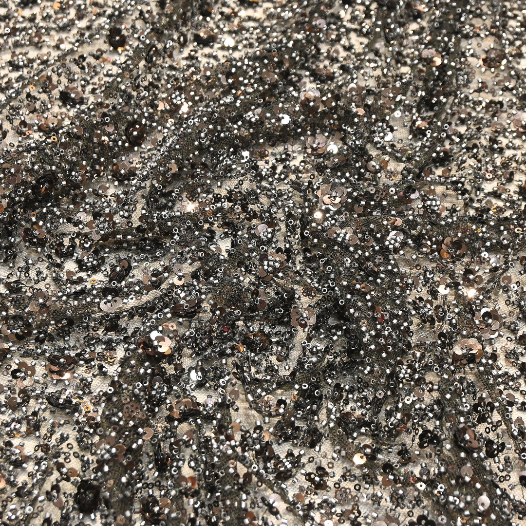 Gunmetal Grey Color Imported Heavy Beaded & 3D Sequin Embroidery Net Fabric- ED1533-2