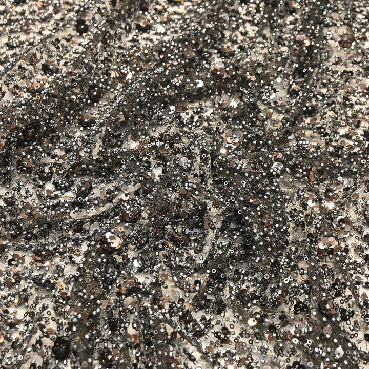 Gunmetal Grey Color Imported Heavy Beaded & 3D Sequin Embroidery Net Fabric- ED1533-2