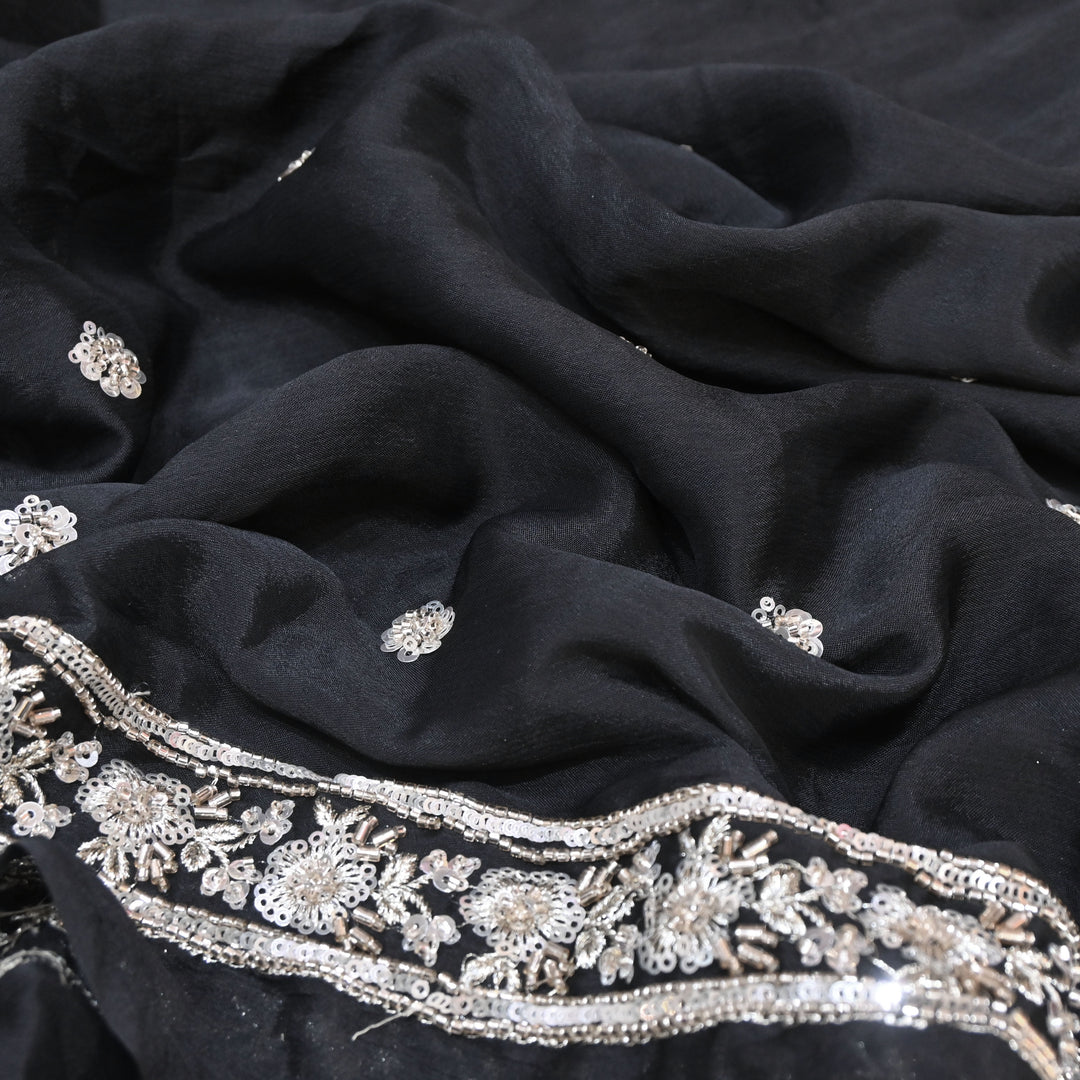 Black Chinon Fabric with Zari & Sequins Embroidery