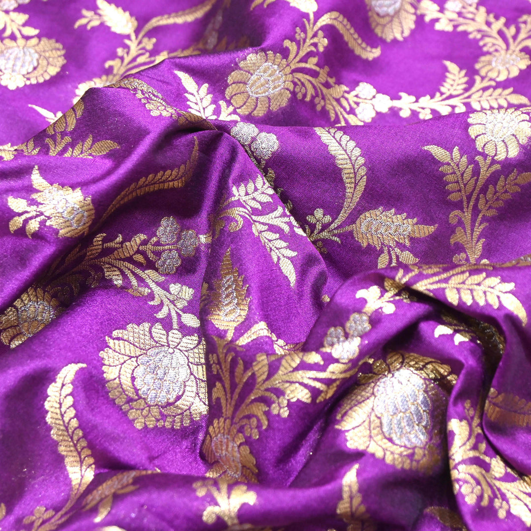 Purple & Antique Gold Floral Brocade Fabric.