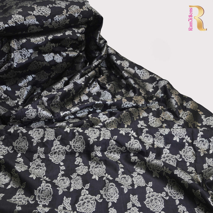 Black Pure Mango Silk Zari Brocade fabric. | 165-192B