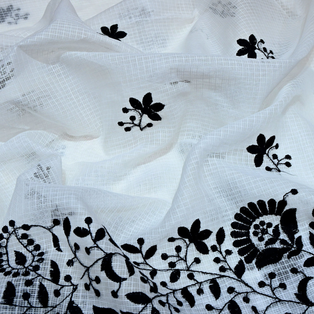 off-white with black Color Cotton Kota Thread Embroidery Fabric