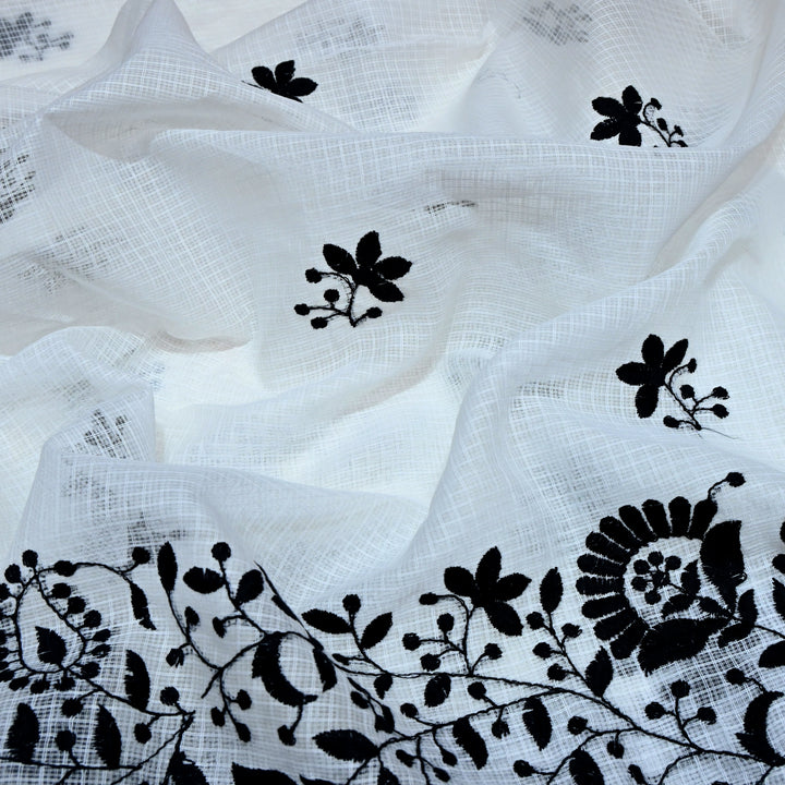 off-white with black Color Cotton Kota Thread Embroidery Fabric