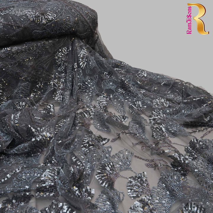 charcoal-grey Net Imported Embroidery Fabric.| 19T95