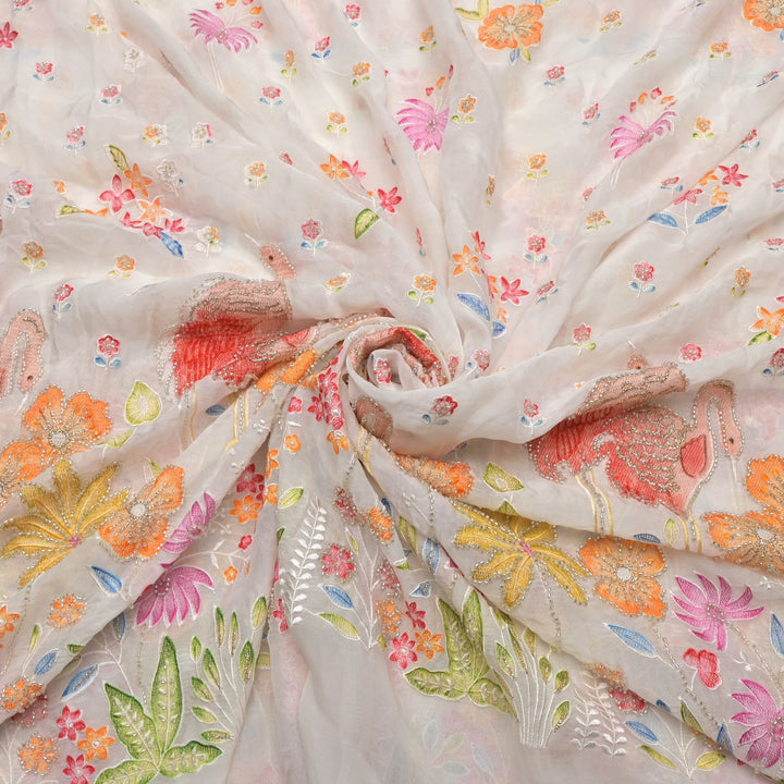 Multi thread and pearl sequin embroidery fabric on viscose organza