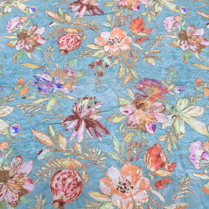 Beautiful Designer Crepe Position Prints, Zari & Sequin Embroidery Fabrics