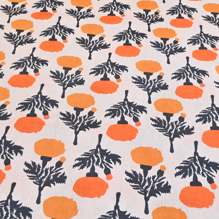 White Cotton Linen In Orange Floral Print