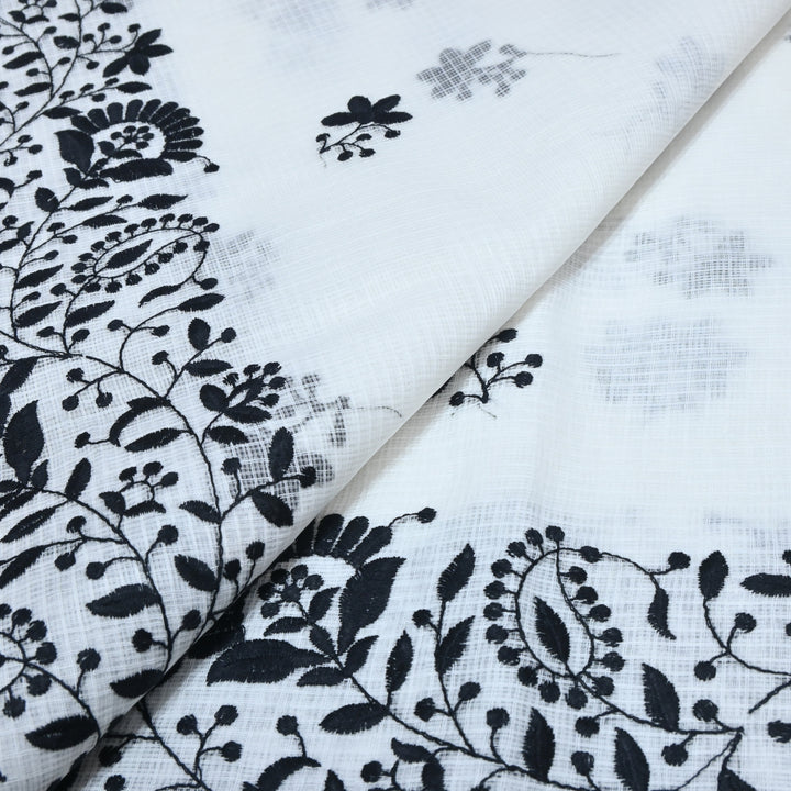 off-white with black Color Cotton Kota Thread Embroidery Fabric