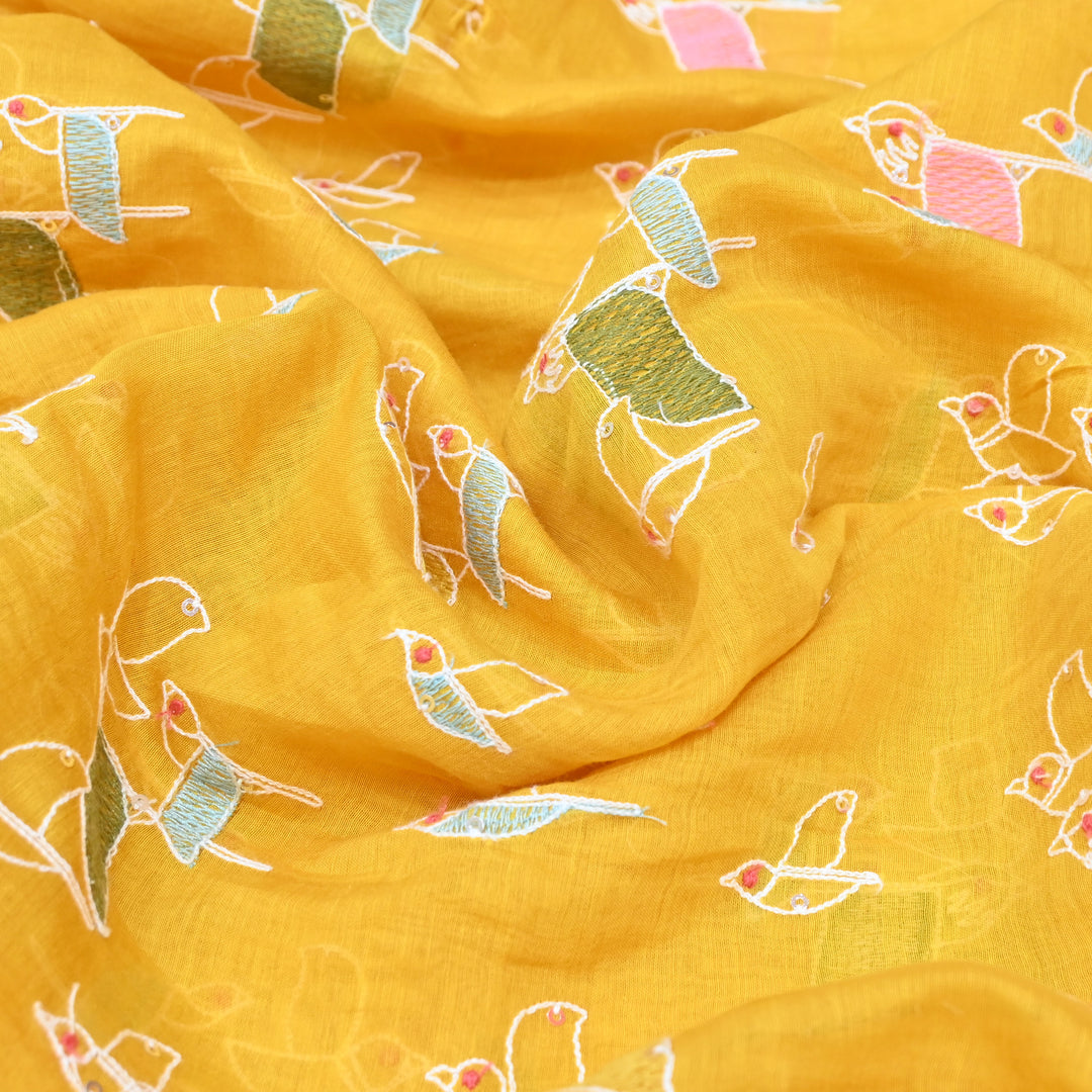 Vibrant mustard yellow base Mul Chanderi Sequins Embroidery.