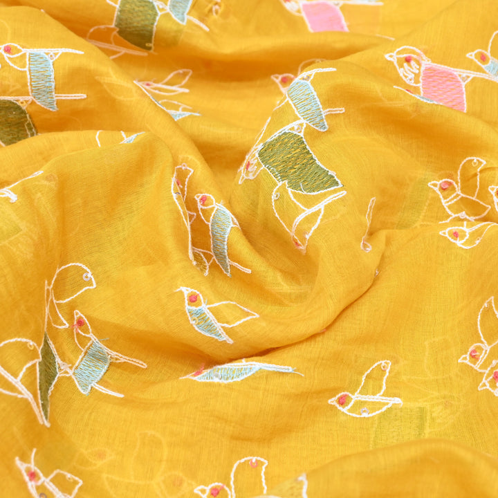 Vibrant mustard yellow base Mul Chanderi Sequins Embroidery.