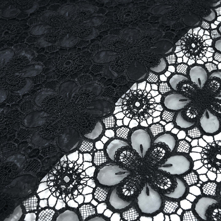 Black Color Floral 3D Cutwork Lace Embroidery Fabric