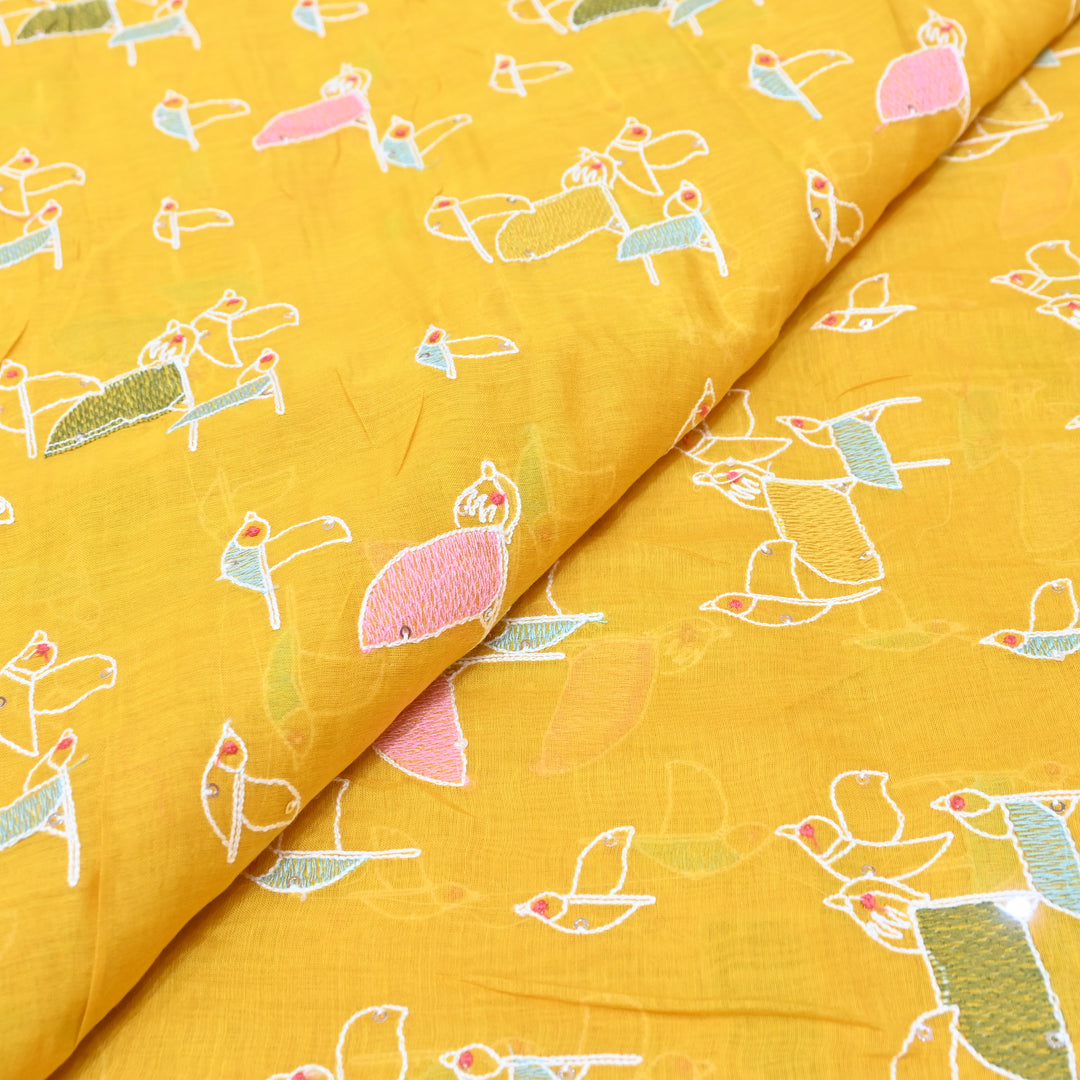 Vibrant mustard yellow base Mul Chanderi Sequins Embroidery.