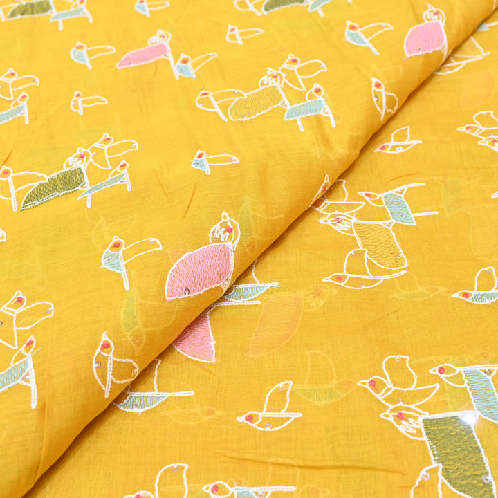 Vibrant mustard yellow base Mul Chanderi Sequins Embroidery.