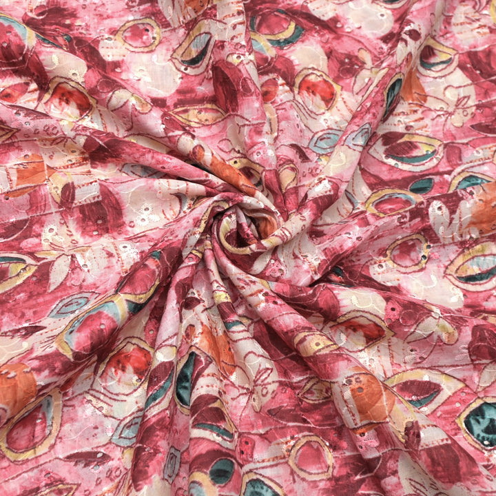 Floral Digital Print Cotton Chikan Embroidery Fabrics