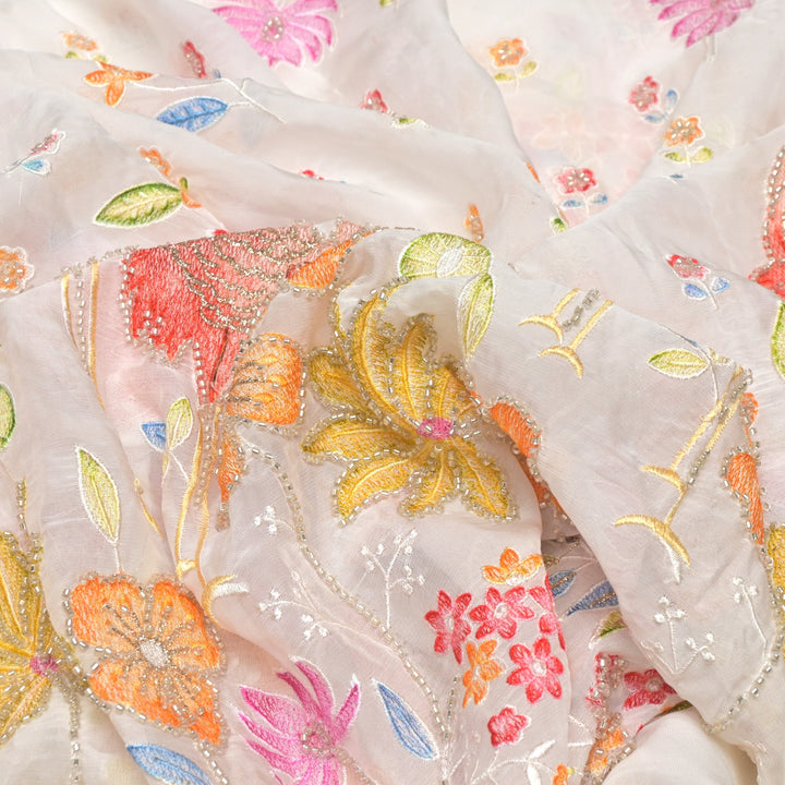 Multi thread and pearl sequin embroidery fabric on viscose organza