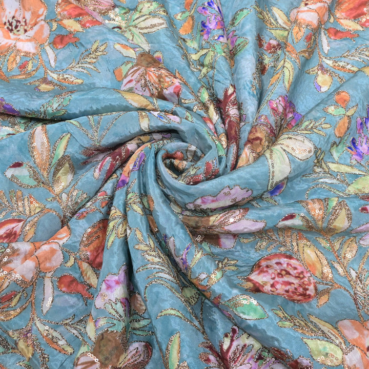 Beautiful Designer Crepe Position Prints, Zari & Sequin Embroidery Fabrics