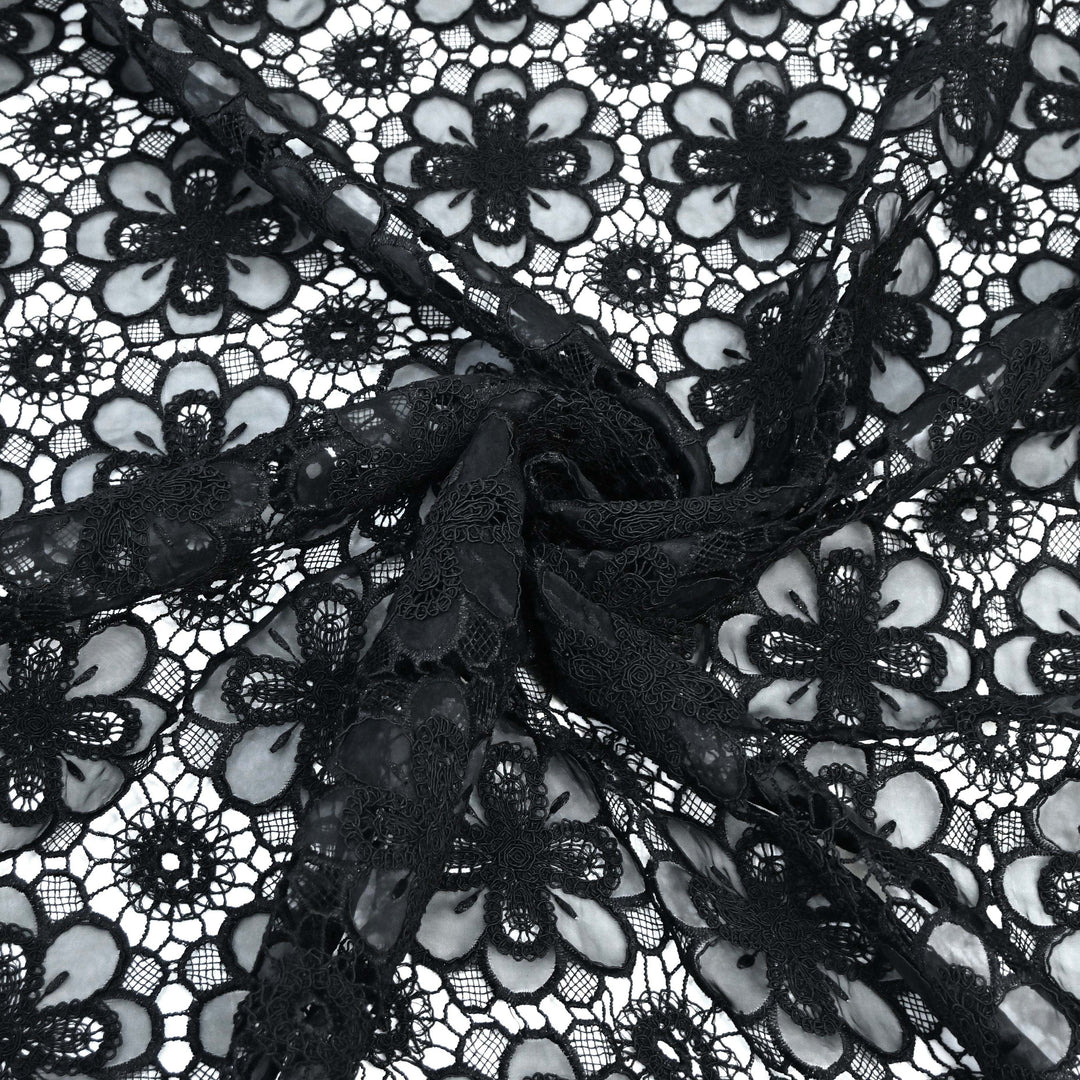 Black Color Floral 3D Cutwork Lace Embroidery Fabric