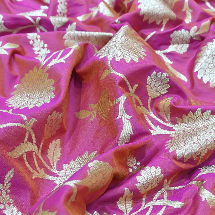 Vibrant pink base with shimmering gold floral brocade.