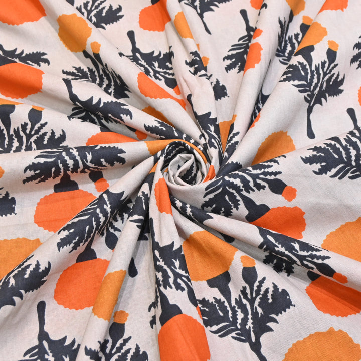 White Cotton Linen In Orange Floral Print