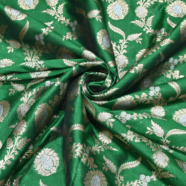 Emerald Green & Antique Gold Floral Brocade Fabric.