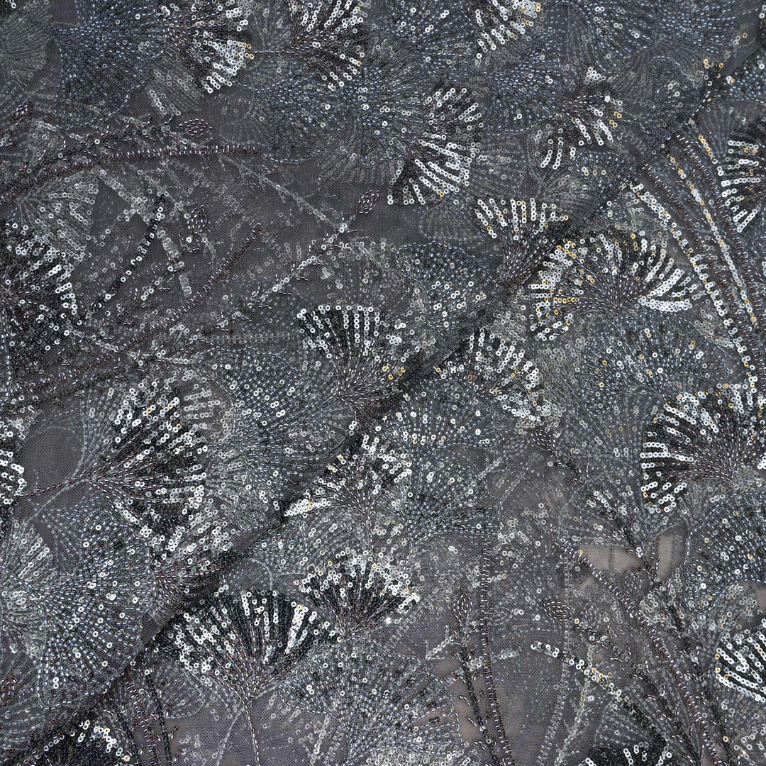 charcoal-grey Net Imported Embroidery Fabric.| 19T95