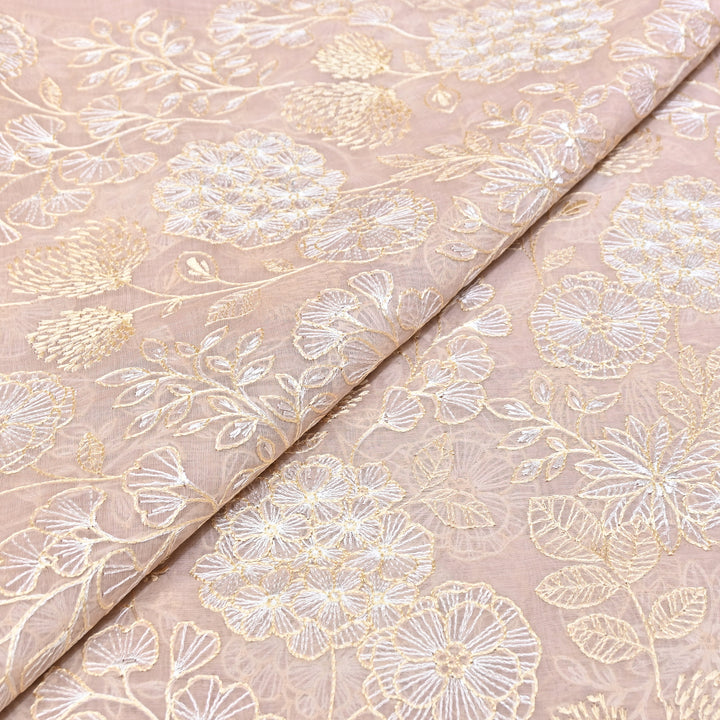 Soft Champagne Beige Color Mul Chanderi Thread Embroidery Fabric – Soft Lightweight Designer Fabric- SW02421-3