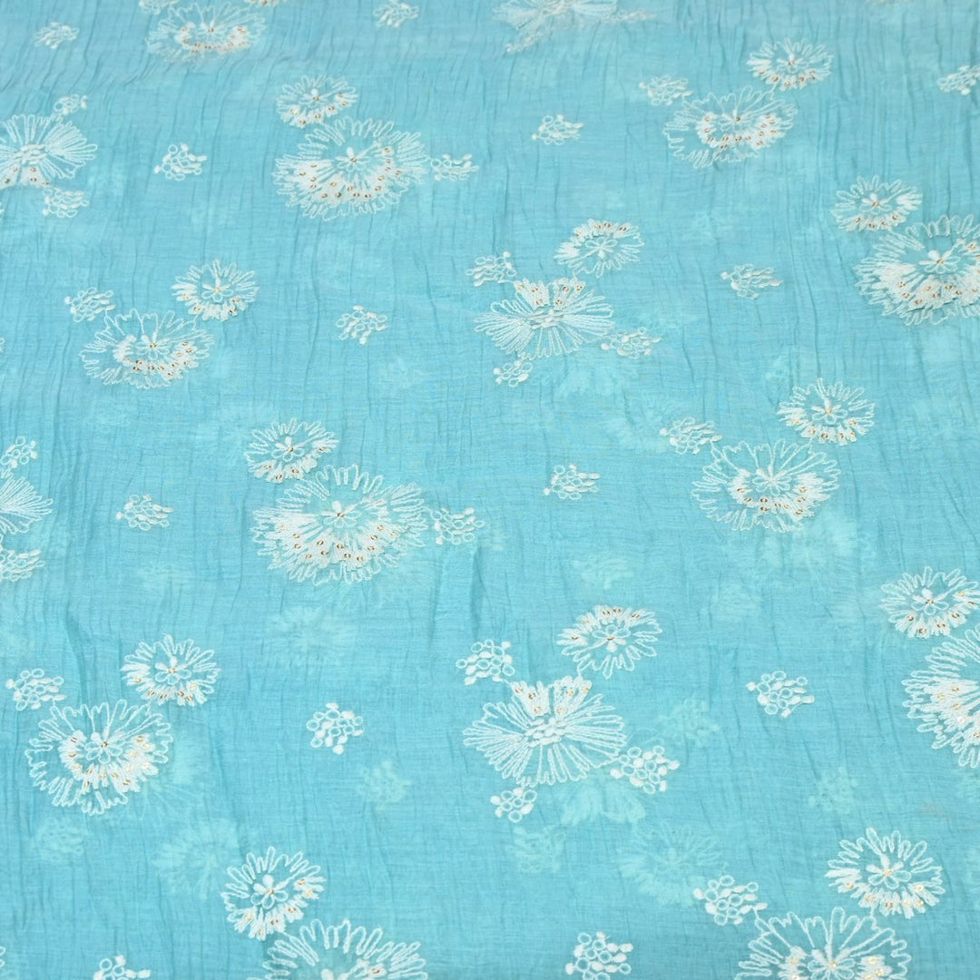 Blue Hosta Color Mul Chanderi Mirror Work Fabric Lightweight Designer Summer Fabric-RV5589
