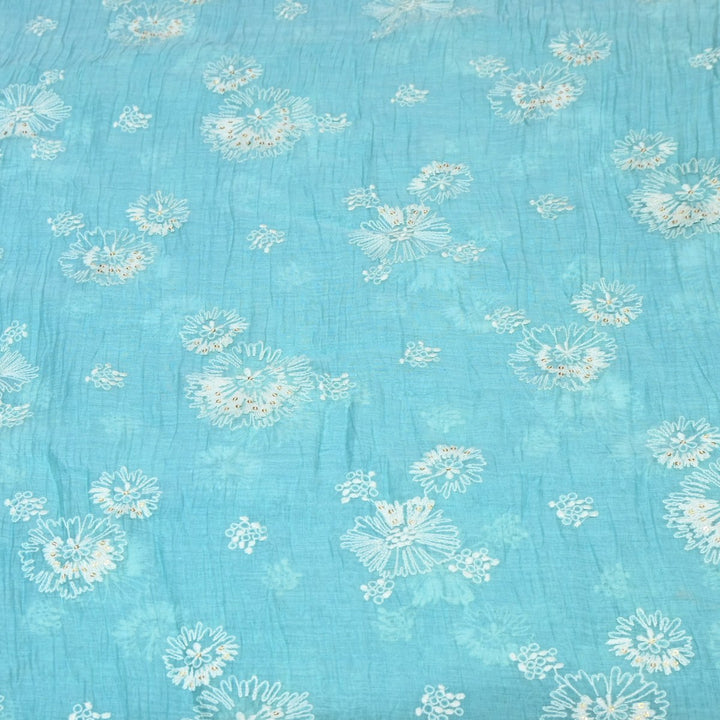 Blue Hosta Color Mul Chanderi Mirror Work Fabric Lightweight Designer Summer Fabric-RV5589