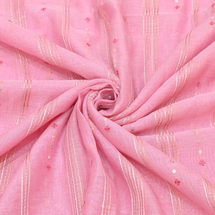 Soft Pink Color Mul Chanderi Thread Embroidery Fabric