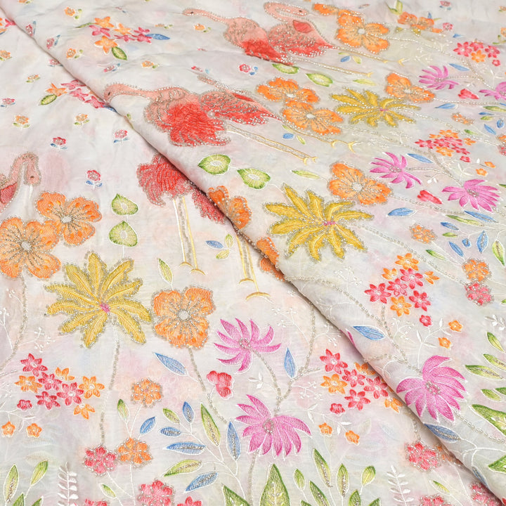 Multi thread and pearl sequin embroidery fabric on viscose organza