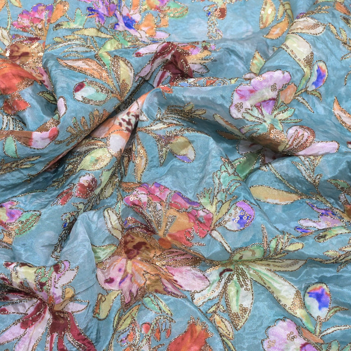 Beautiful Designer Crepe Position Prints, Zari & Sequin Embroidery Fabrics