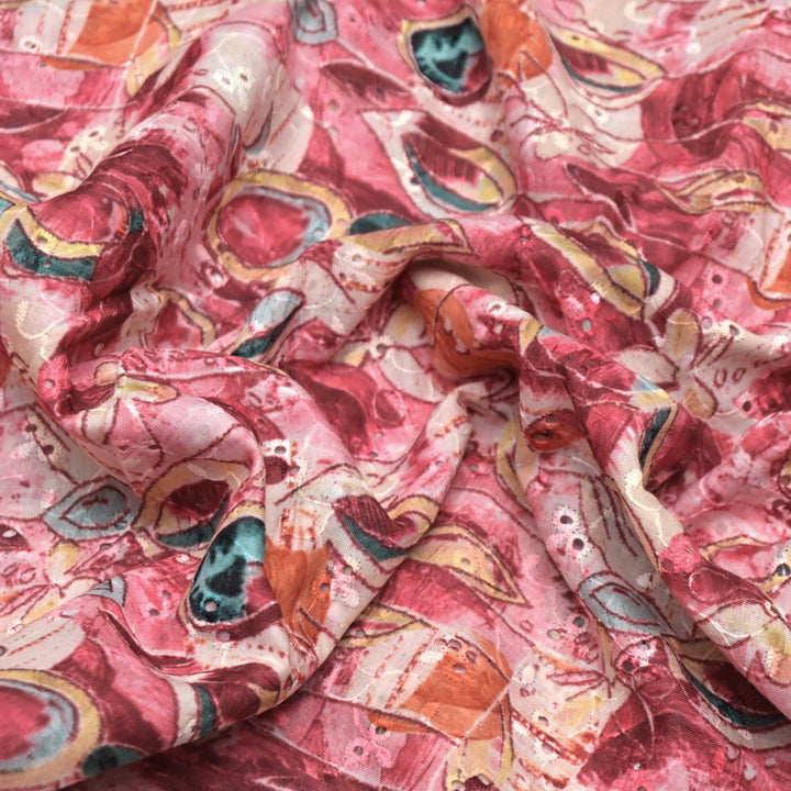 Floral Digital Print Cotton Chikan Embroidery Fabrics