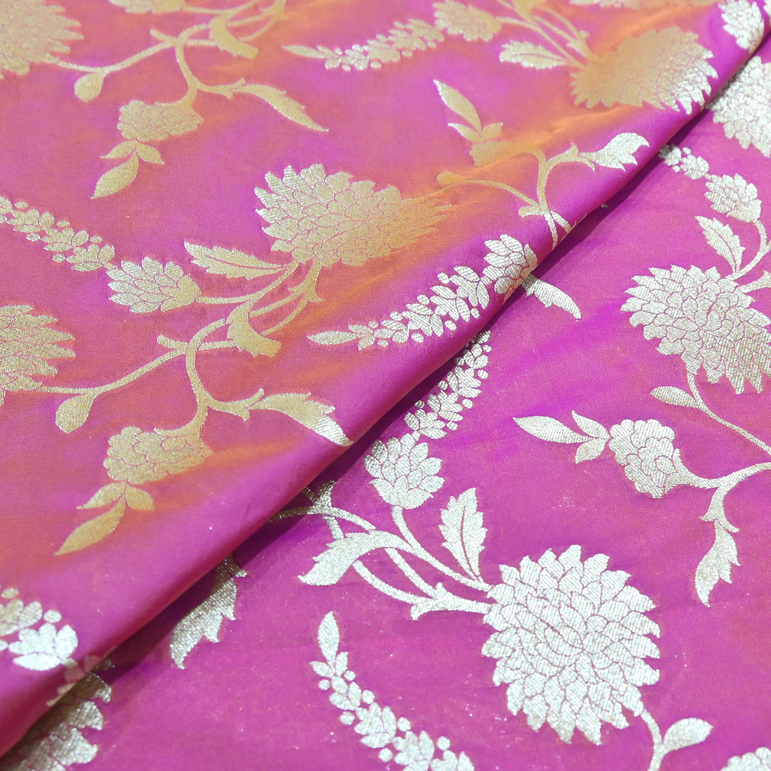 Vibrant pink base with shimmering gold floral brocade.