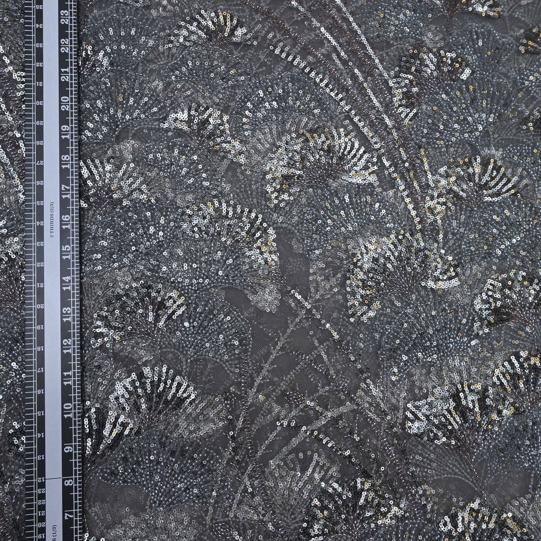 charcoal-grey Net Imported Embroidery Fabric.| 19T95