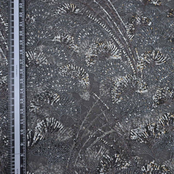 charcoal-grey Net Imported Embroidery Fabric.| 19T95