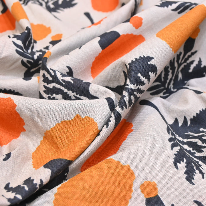 White Cotton Linen In Orange Floral Print