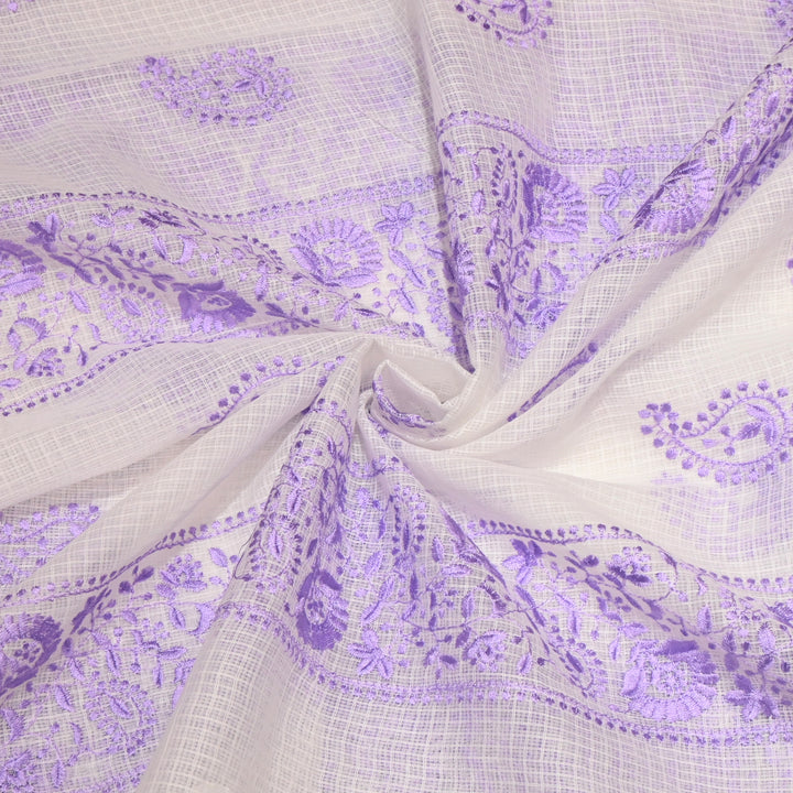 Off White with Pink Color Cotton Kota Thread Embroidery Fabric