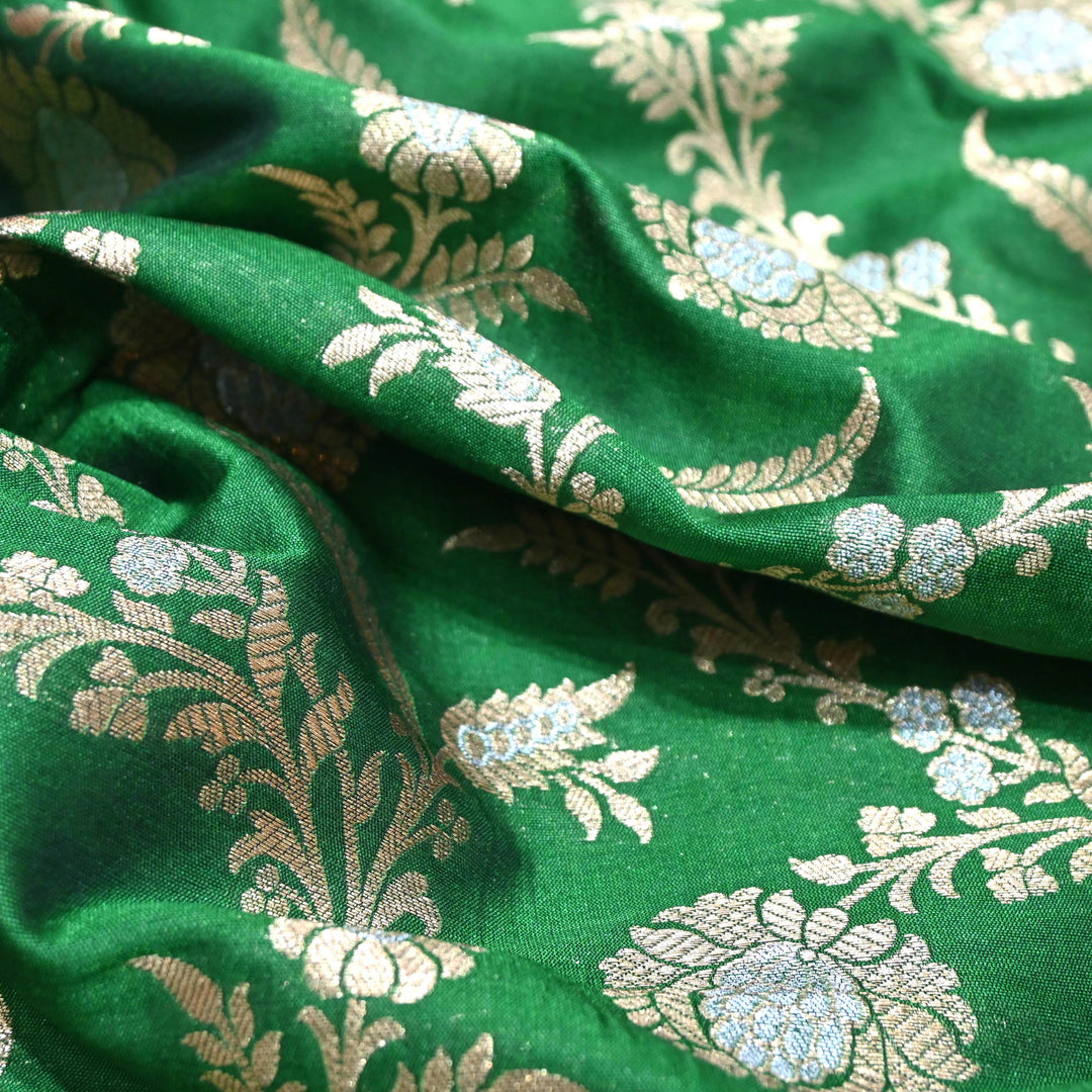 Emerald Green & Antique Gold Floral Brocade Fabric.