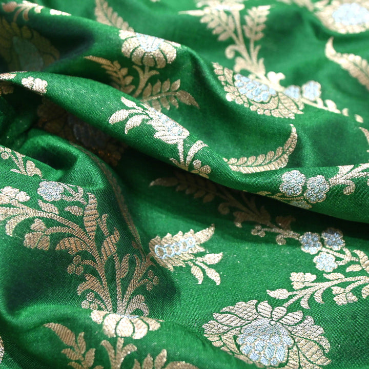 Emerald Green & Antique Gold Floral Brocade Fabric.