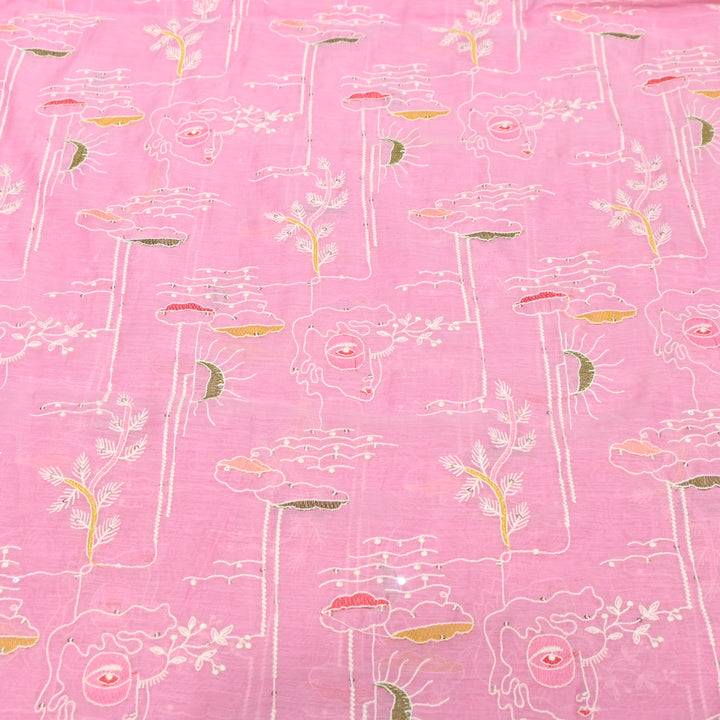 Baby Pink Mul Chanderi Fabric with allover Sequins Thread Embroidery