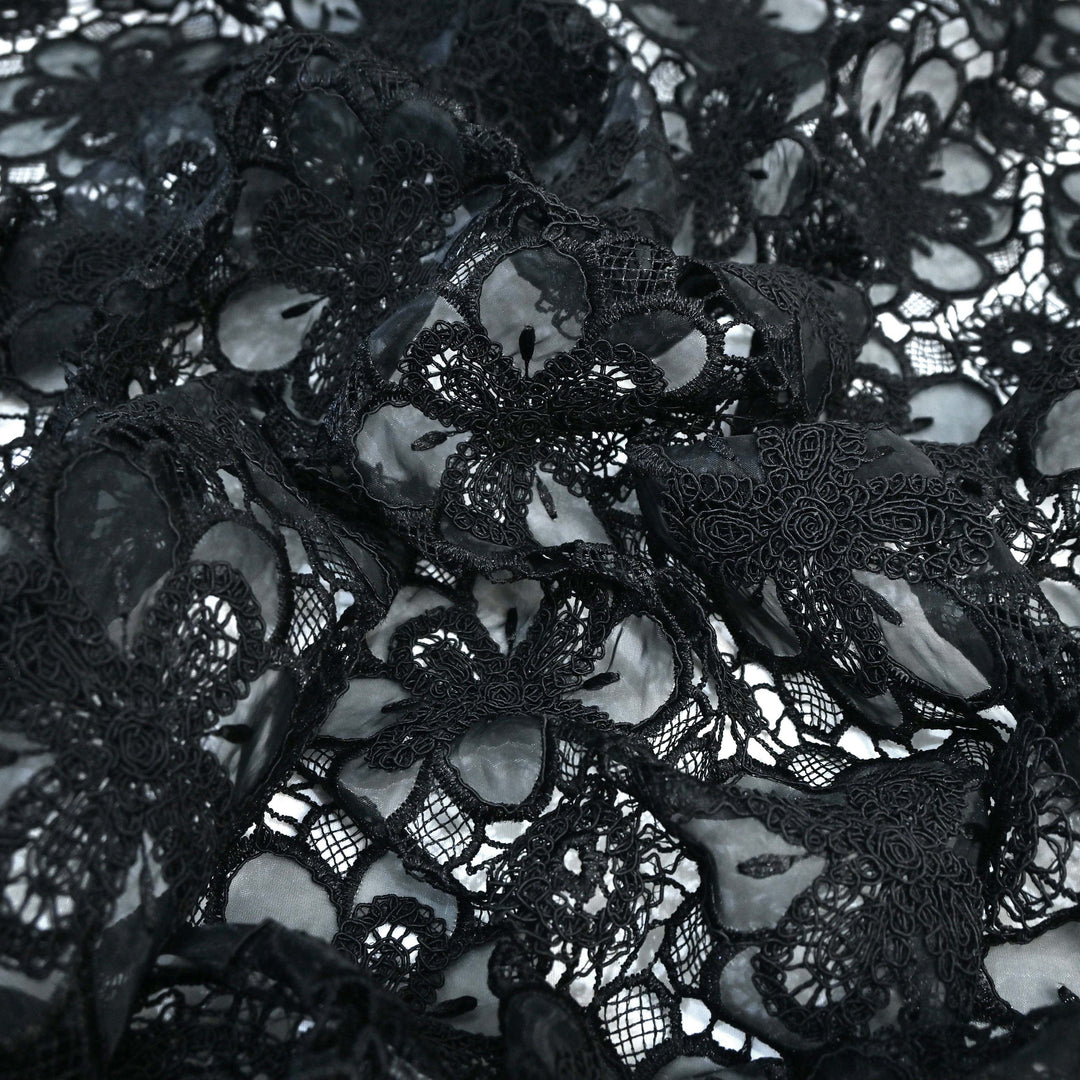Black Color Floral 3D Cutwork Lace Embroidery Fabric