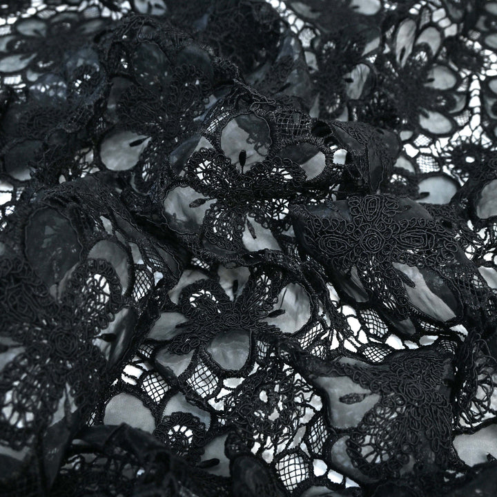 Black Color Floral 3D Cutwork Lace Embroidery Fabric