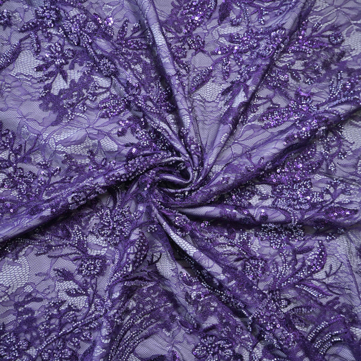Designer royal purple Net Embroidery Fabric with silver Sequins Embroidery.