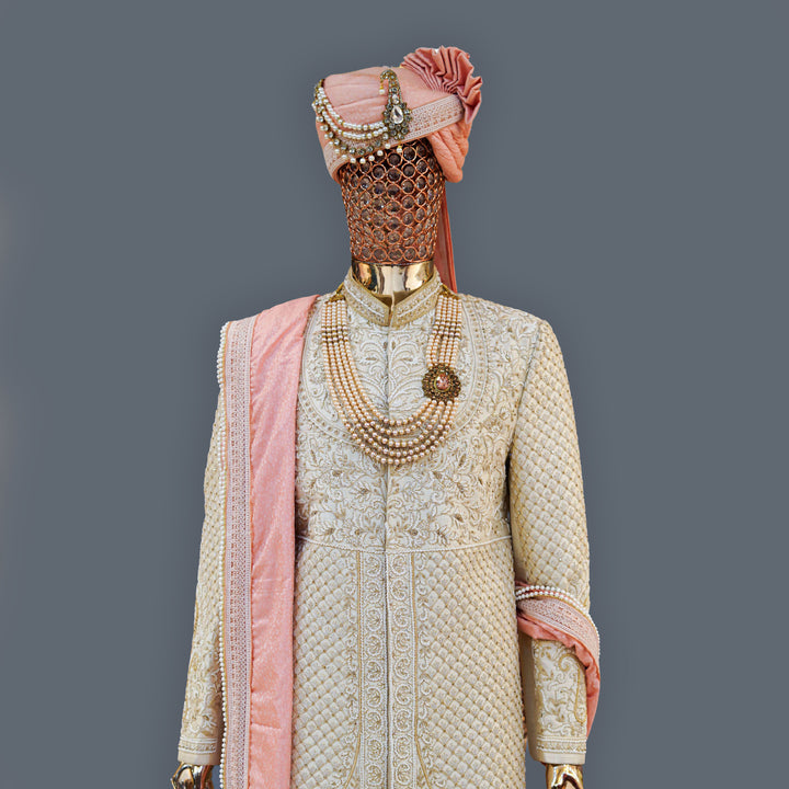 Butter Cream Raw Silk Sherwani Set with Pearl & Cutdana Handwork Embroidery